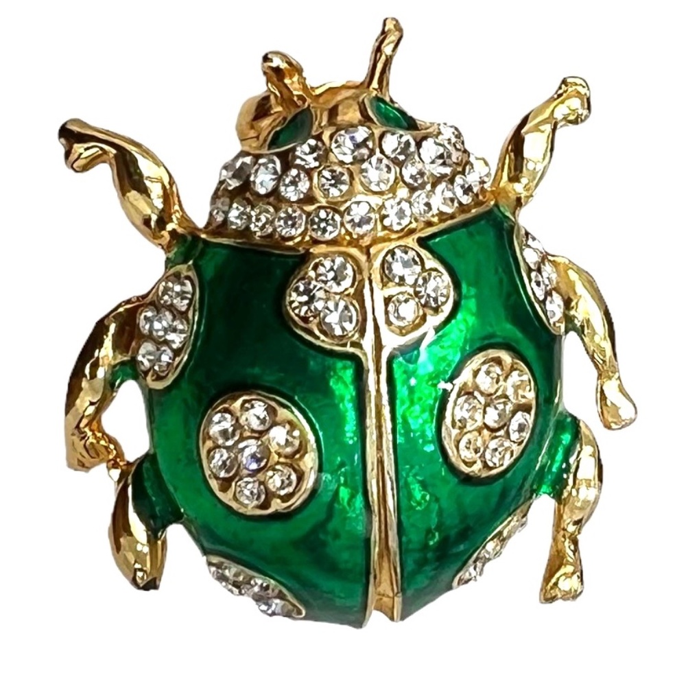 GREEN ENAMEL AND RHINESTONE/CRYSTAL LADYBUG GOLD TONE BROOCH